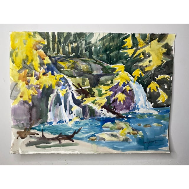 Blue Late 20th Century Forest Landscape with Waterfall Watercolor Painting by Sanford Brooks For Sale - Image 8 of 8