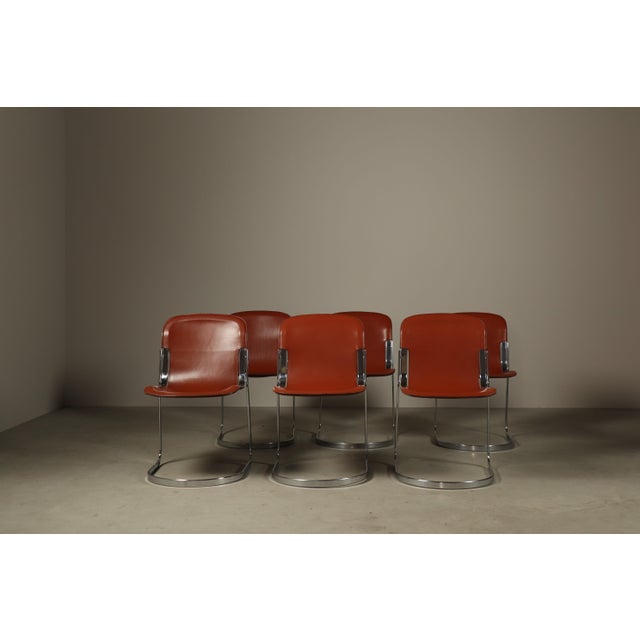 Leather Brick Red-Colored Cantilever Dining Chairs, Italy, 1970s, Set of 6 For Sale - Image 4 of 16