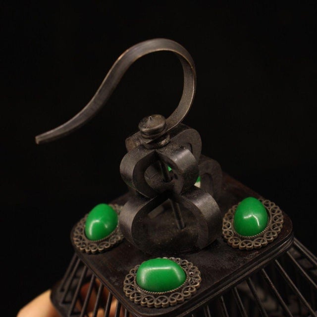 Late 19th Century Late 19th Century Ebony Wood Cricket Cage With Gemstone Inlay, 200g, 9" Tall For Sale - Image 5 of 9