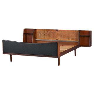 Mid-Century Danish Teak Double Bed with Cane Headboard by Hans J. Wegner for Getama, 1960s For Sale