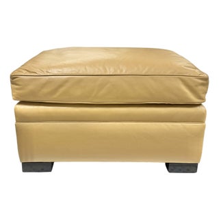 Custom Camel Leather Ottoman With Dark Wood Block Feet by Danny Cannon Custom Upholstery For Sale
