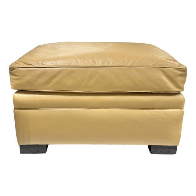 Custom Camel Leather Ottoman With Dark Wood Block Feet by Danny Cannon Custom Upholstery For Sale