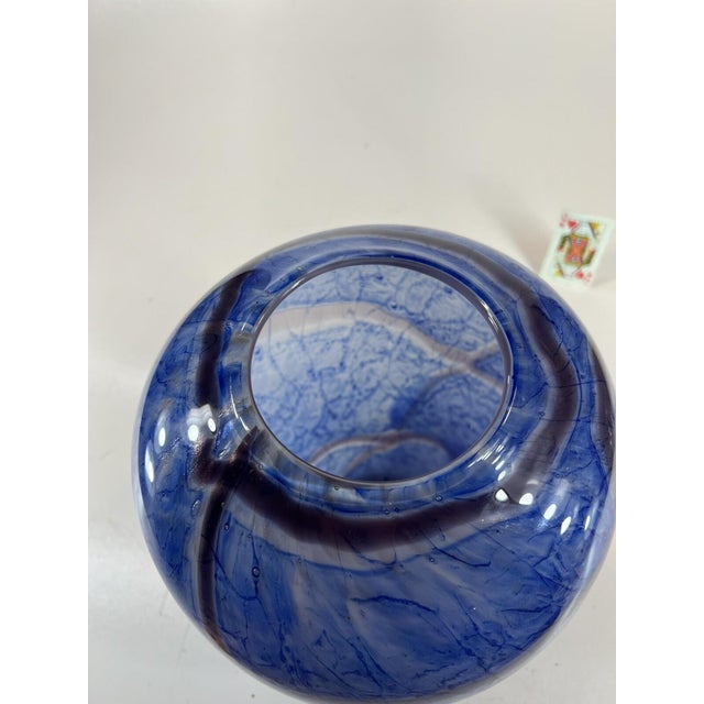 Glass Late 20th Century Large Vase Blue Mouth Blown Art Glass Sea Scape Gold Dust vintage 12.5" For Sale - Image 7 of 16