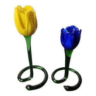 Vintage MCM Murano Style HandBlown Yellow &Colbalt Blue Tulips Figurine-Set of 2 For Sale