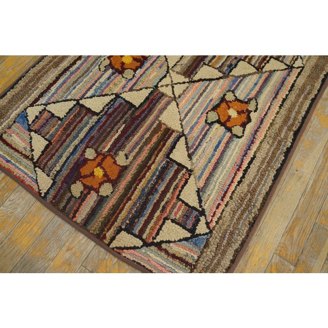 Taupe 1930s Multicolor Geometric Folk Art Antique American Hooked Rug 2'4" X 12'10" Handknotted Wool Cotton Carpet For Sale - Image 8 of 18