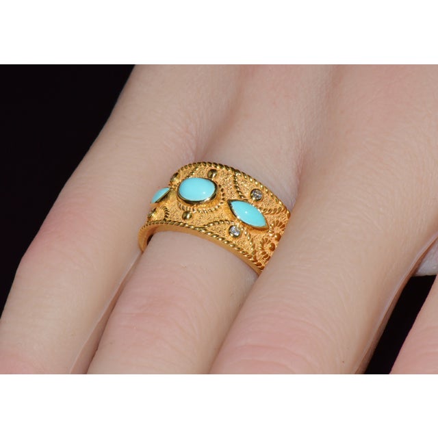 Metal Natural Diamond Turquoise 18k Solid Gold Byzantine Beaded Greek Ring Stacking Band Ring, Size 6 For Sale - Image 7 of 14
