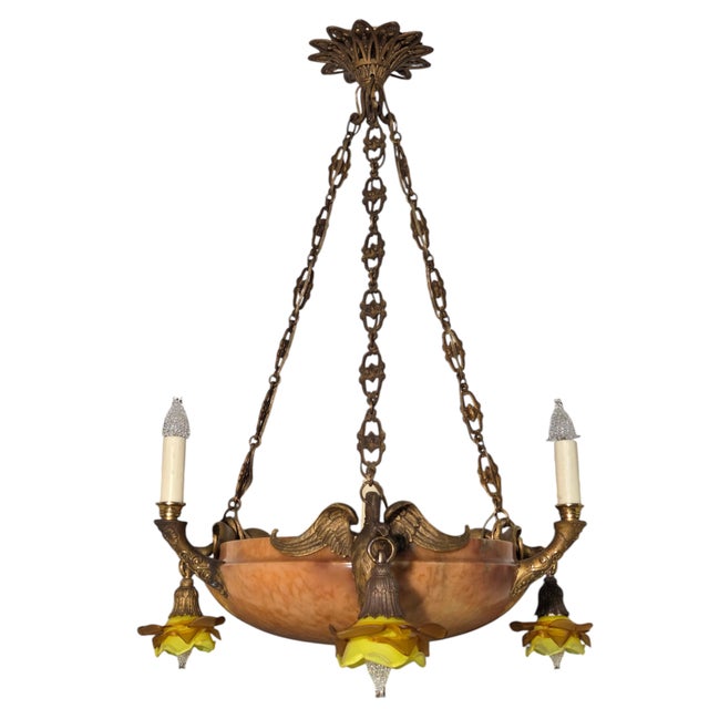 Antique Neoclassical Amber /Honey Alabaster, Gilt Bronze Chandelier W-Griffin Mounts For Sale - Image 12 of 18