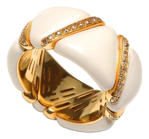 Diamond White Beige Cream Ivory Enamel Eternity Band Unique 18k Yellow Gold Ring, Size 7.5