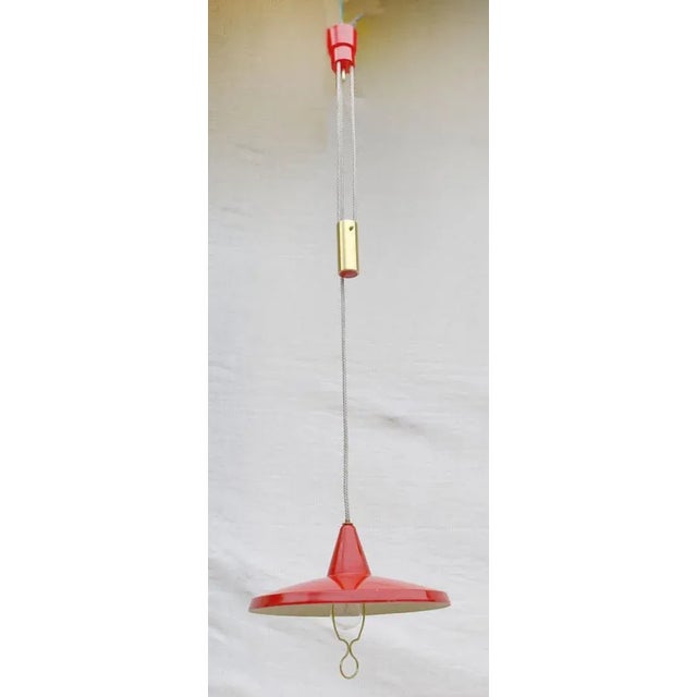 Suspension lamp with ups and down mechanism with brass counterweight, lacquered aluminum hat, with replaced electric cable...