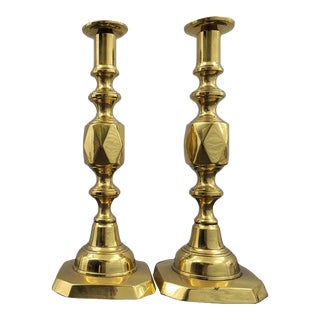 Antique English Brass Queen of Diamonds Candlesticks - a Pair For Sale