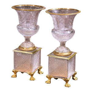 Pair of 19th Century French Cut Crystal and Gilt Bronze Urns on Pedestals