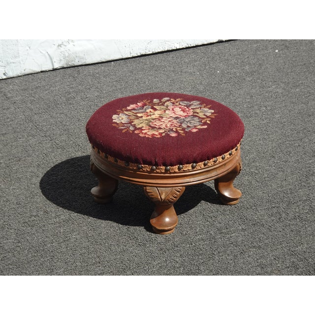 French Country Footstool ~ Vintage French Country Burgundy Floral Round Needlepoint Footstool#2 For Sale - Image 3 of 14