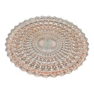Vintage Pink Jeannette Glass “Holiday Buttons and Bows” Depression Glass Cake Plate For Sale