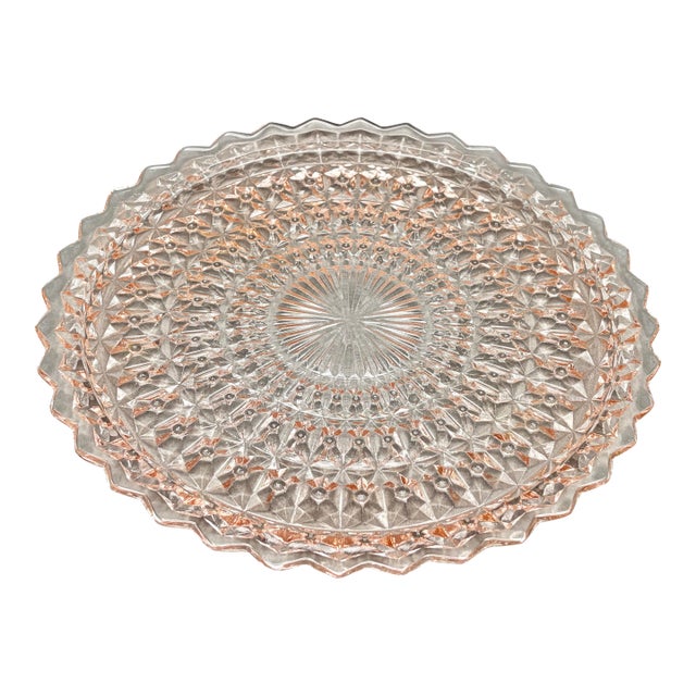 Vintage Pink Jeannette Glass “Holiday Buttons and Bows” Depression Glass Cake Plate For Sale