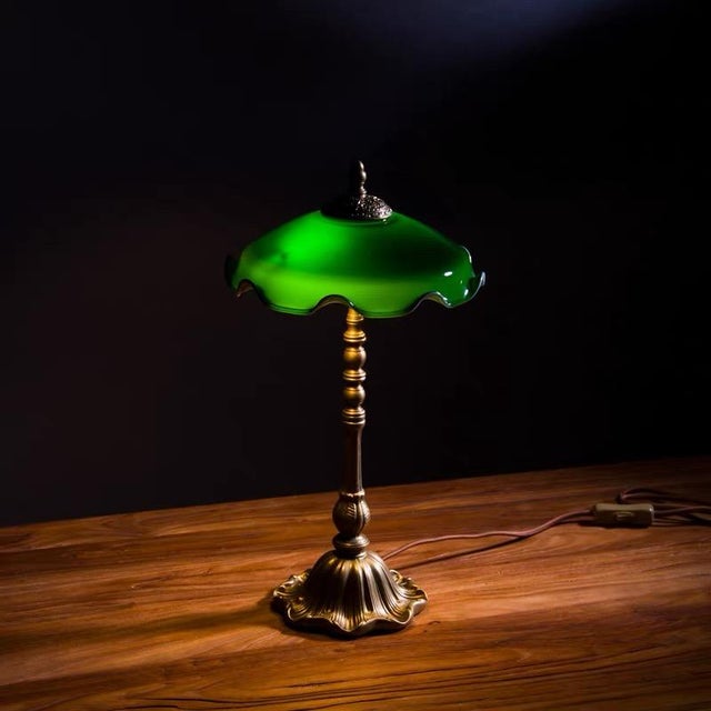 Art Deco Dark Green Glass & Retro Copper Lamp For Sale - Image 3 of 6