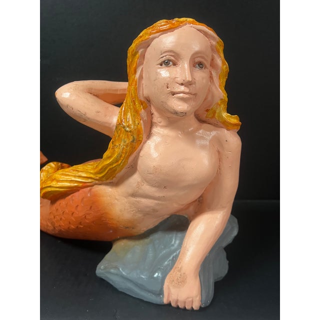 Late 20th Century Folk Art Carved Wood Mermaid Sculpture With Gold Haier and Orange Tail and Glass Eyes For Sale - Image 5 of 10