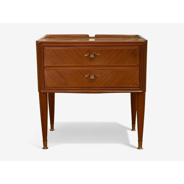 Italian Modern, Stained Wood, Brass, Glass, Nightstands, Italy, 1950s For Sale - Image 4 of 13