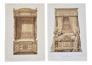 Pair-1878 French Lithographs-Renaissance Furnishings-Beds