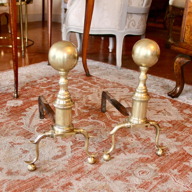 Pair of Antique American Cannon Ball Top Brass Andirons For Sale - Image 12 of 12