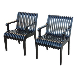 1990s Thonet Style Black Lacquered Sculptural Wood Slatted Arm Chairs, a Pair For Sale
