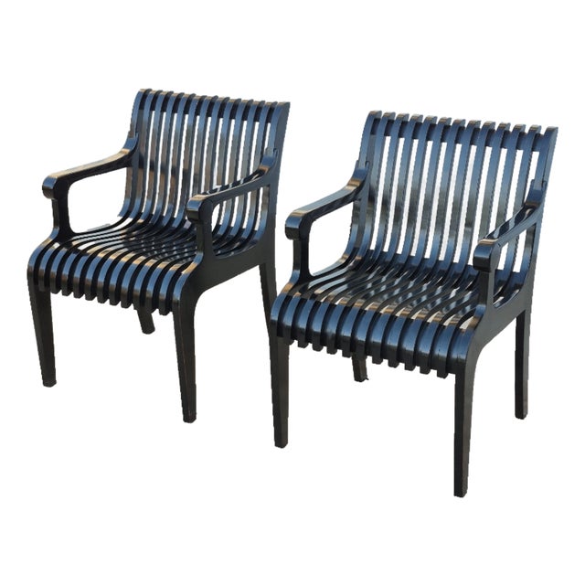 1990s Thonet Style Black Lacquered Sculptural Wood Slatted Arm Chairs, a Pair For Sale