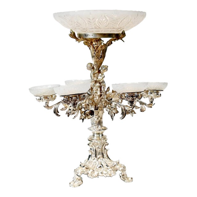 Victorian Silver-Plated and Cut Glass Centrepiece with Cherub For Sale