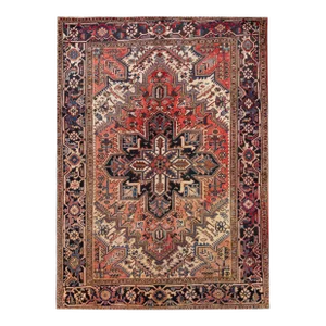 1920s Handmade Antique Medallion Heriz Wool Rug in Red