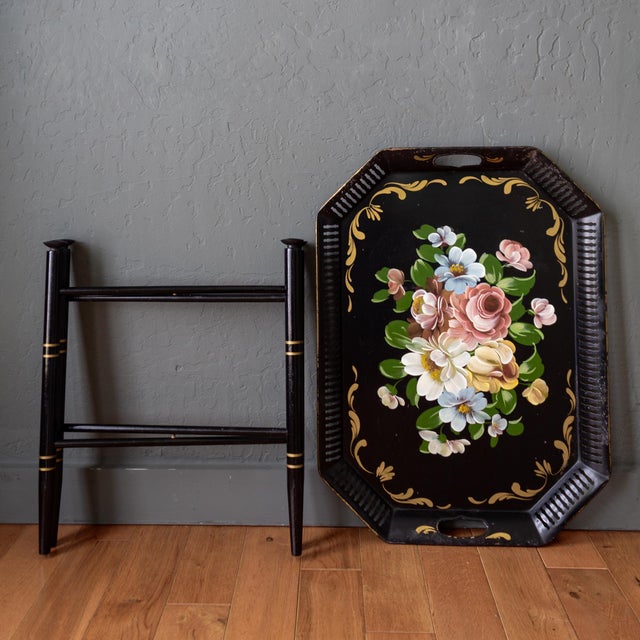 Wood Black and Floral Toleware Tray Table For Sale - Image 7 of 12