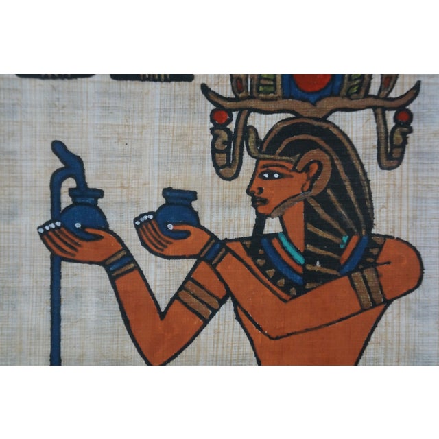 Late 20th Century Egyptian Revival Papyrus Painting Art Pharaoh King Ramses Queen Nefertari - Set of 2 For Sale - Image 6 of 14