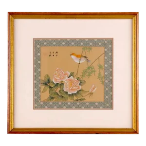 Vintage Chinese Painting Floral Botanical With Bird on Silk