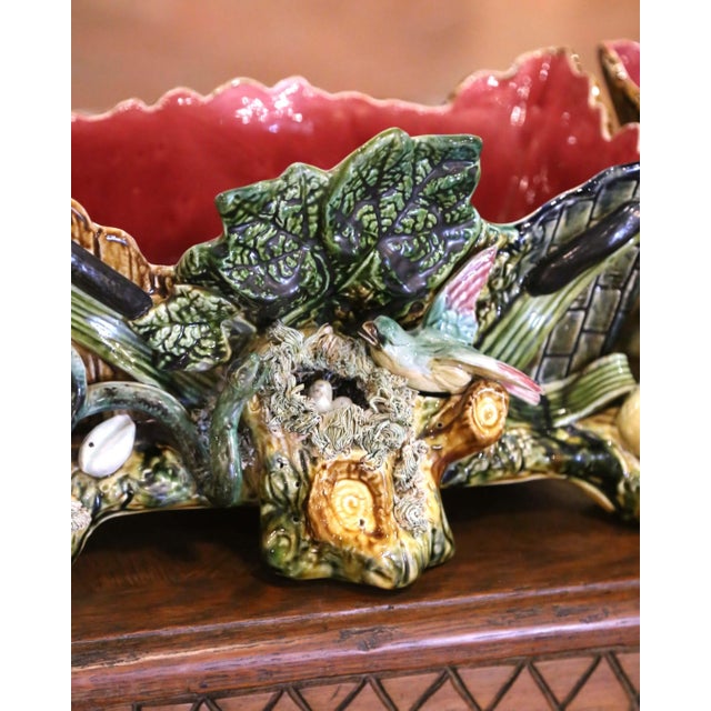 Pair 19th Century French Palissy-Style Barbotine Majolica Bird Jardinières For Sale - Image 4 of 13