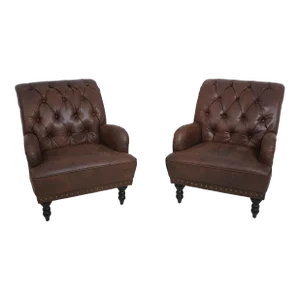 Pair Tufted Back Faux Leather Club Chairs