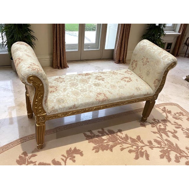 Rococo Ornate Gold & Cream Floral Upholstered Bench With Carved Beechwood Arms For Sale - Image 3 of 3