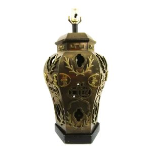 1950s Hollywood Regency Morris Greenspan Pierced Brass Chinoiserie Octagon Table Lamp
