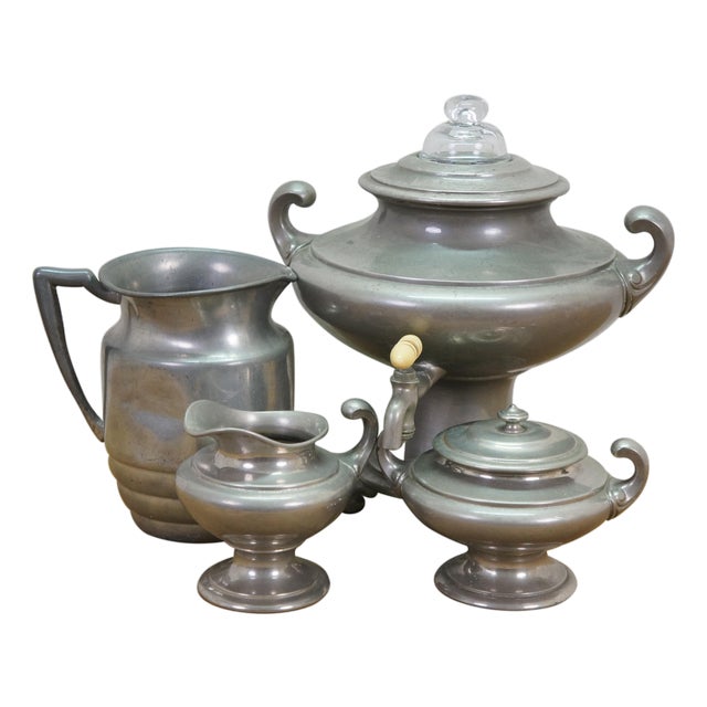 Late 20th Century Pewter Coffee Tea Samovar Service Percolator Creamer Pitcher Sugar Bowl - 4 Pcs For Sale