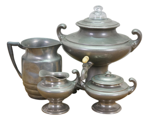 Late 20th Century Pewter Coffee Tea Samovar Service Percolator Creamer Pitcher Sugar Bowl - 4 Pcs