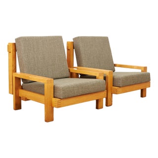 Lounge Chairs with Oak Frame and Green Fabric, Set of 2 For Sale