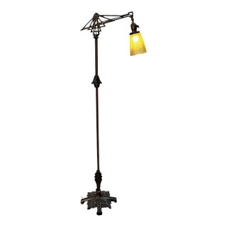 Brass and Cast Iron 1930s Depression Era Floor Lamp With Amber Art Deco Glass Shade #2619 For Sale