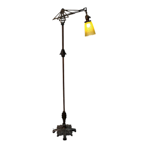 Brass and Cast Iron 1930s Depression Era Floor Lamp With Amber Art Deco Glass Shade #2619