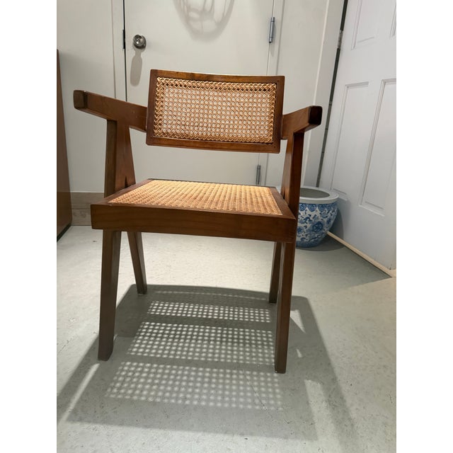Late 20th Century Vintage Teak & Cane Chandigarh-Style Armchair, Pierre Jeanneret Style For Sale - Image 5 of 14
