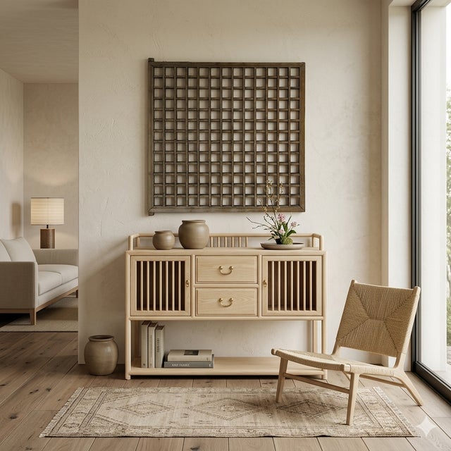 Vintage Restored Oriental Lattice Square Pattern Rustic Raw Wood Wall Panel For Sale In San Francisco - Image 6 of 12