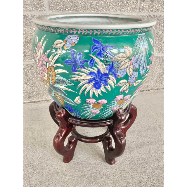 Vintage Green Floral Fish Bowl Planter With Stand Chairish