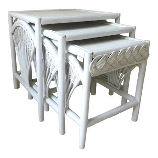 Vintage Ficks Reed White Rattan Wicker Nesting Tables - Set of 3 For Sale