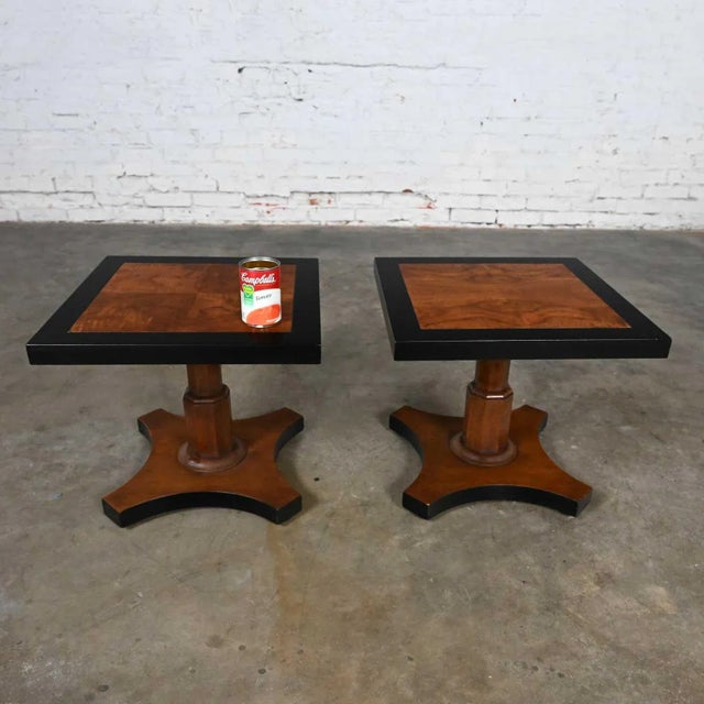 Late 20th Century Baker Furniture Campaign Style Black & Natural Pedestal End Tables a Pair For Sale - Image 12 of 13