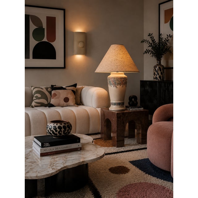 Almond 1980s Postmodern Southwest Style Textured Plaster Lamp Set - Floor & Table (Set of 2) For Sale - Image 8 of 11