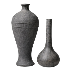 Late 20th Century Pair of Organic Modern Sculptural Floor Vessels – Textured Charcoal Studio Style (25" & 18")