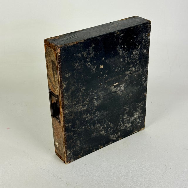 Brown Early 20th C. Antique Six Drawers Desktop Office Cabinet With Remnant Embossed Patterned Paper Over Wood For Sale - Image 8 of 16