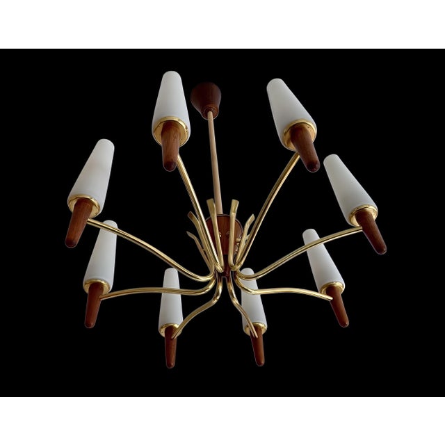 Mid-Century Modern Large Mid-Century Modern Scandinavian Teak, Glass, & Brass Chandelier in the style of Stilnovo, 1960s For Sale - Image 3 of 14