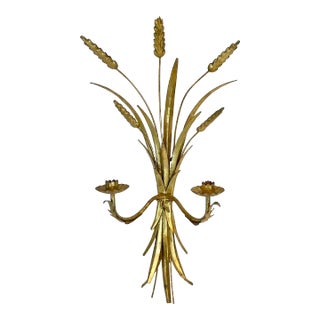 1950s Mid-Century Italian Gilt Tole Wheat Sheaf Candle Scone, 2-Arm. For Sale