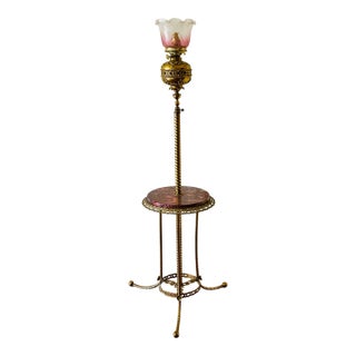 Victorian Brass Converted Oil Lamp Marble Side Table Floor Lamp For Sale